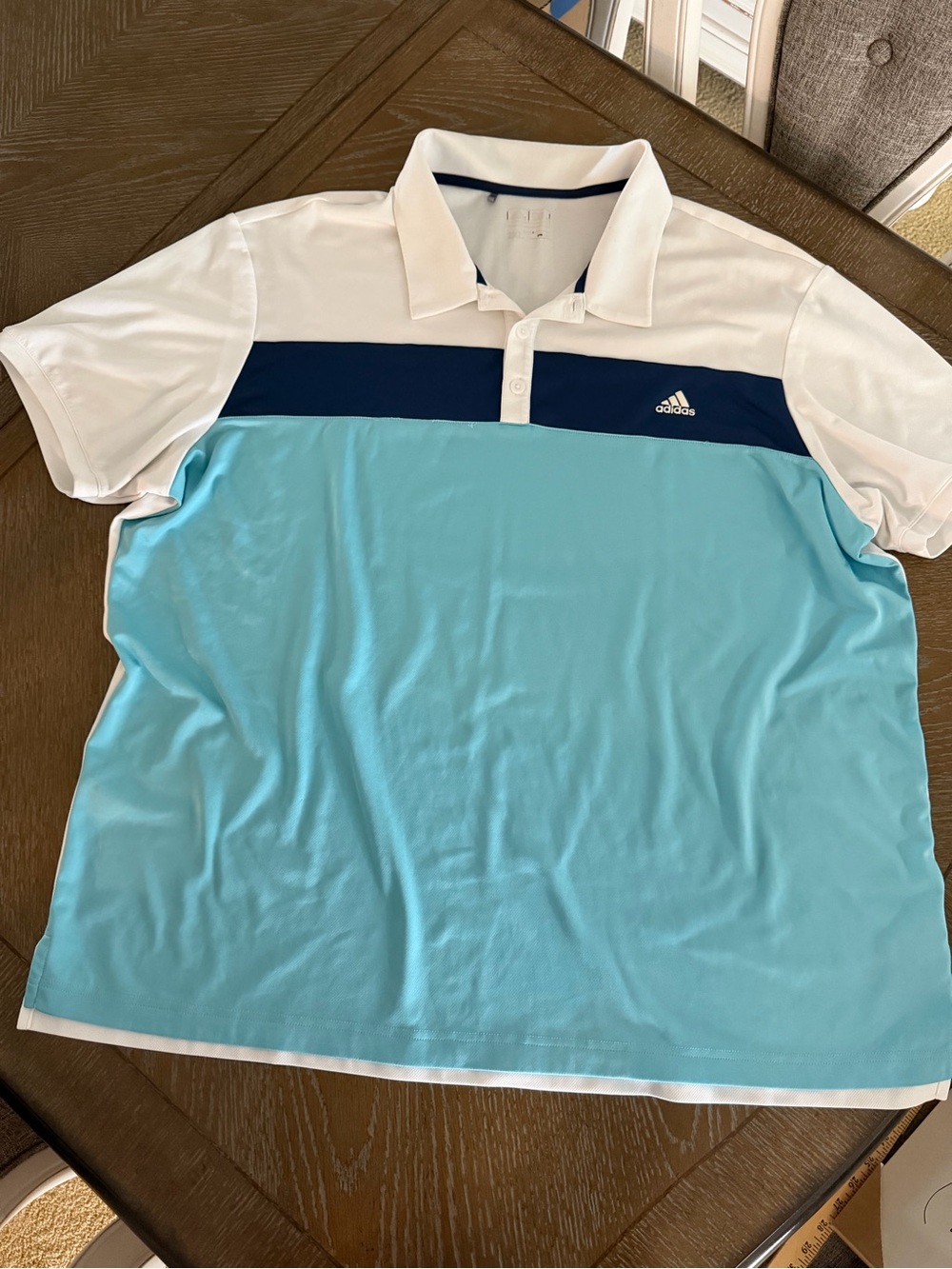 adidas Men’s White, Navy and Light Blue Colorblock Polo size 2XL